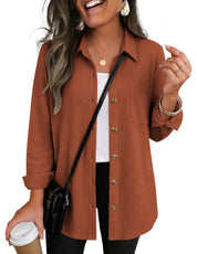 Waffle Knit Shacket Button Down Long Sleeve with Pocket