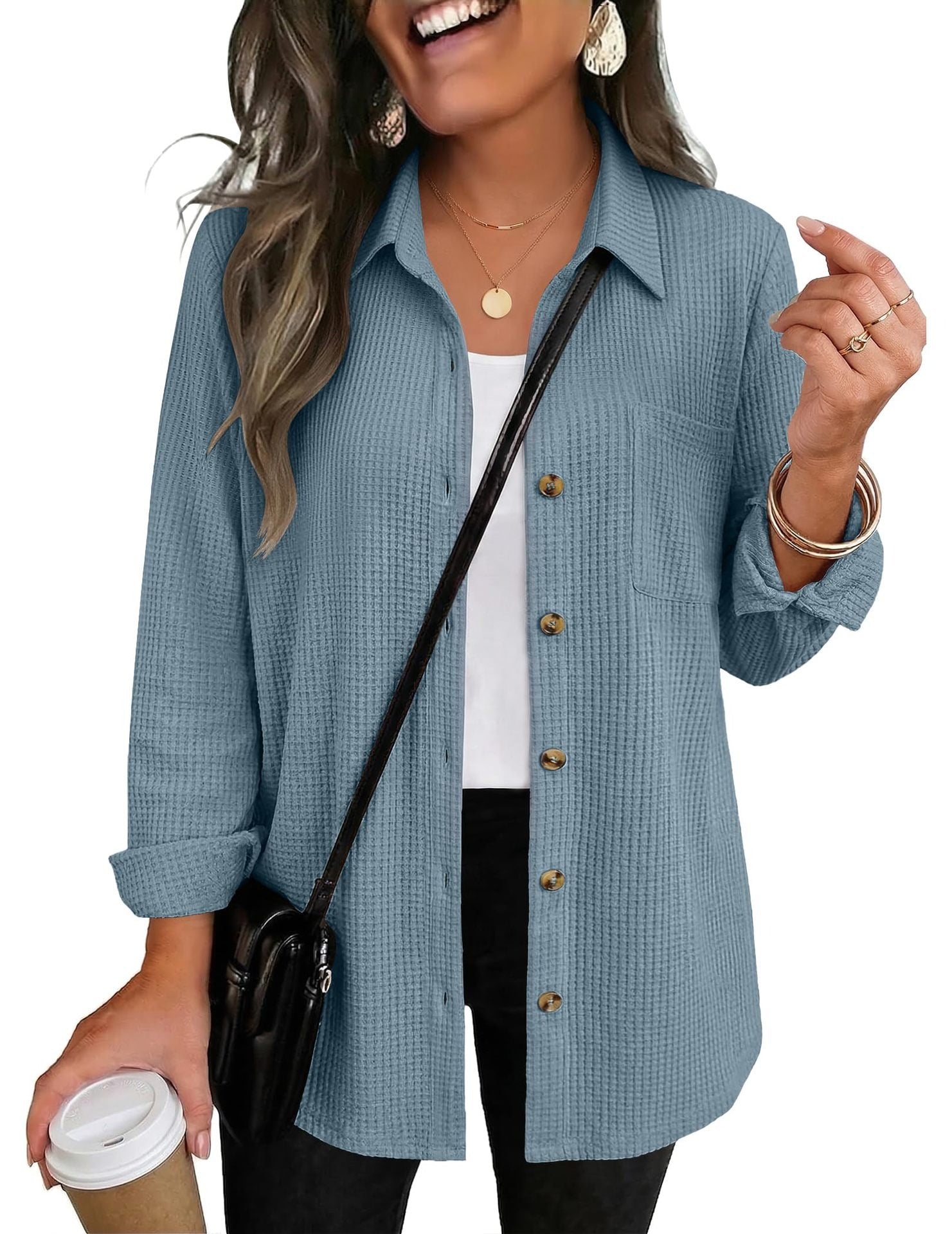Waffle Knit Shacket Button Down Long Sleeve with Pocket