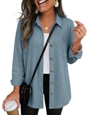Waffle Knit Shacket Button Down Long Sleeve with Pocket