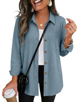 Waffle Knit Shacket Button Down Long Sleeve with Pocket