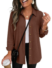 Waffle Knit Shacket Button Down Long Sleeve with Pocket