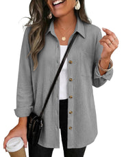 Waffle Knit Shacket Button Down Long Sleeve with Pocket