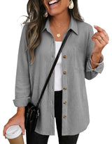 Waffle Knit Shacket Button Down Long Sleeve with Pocket