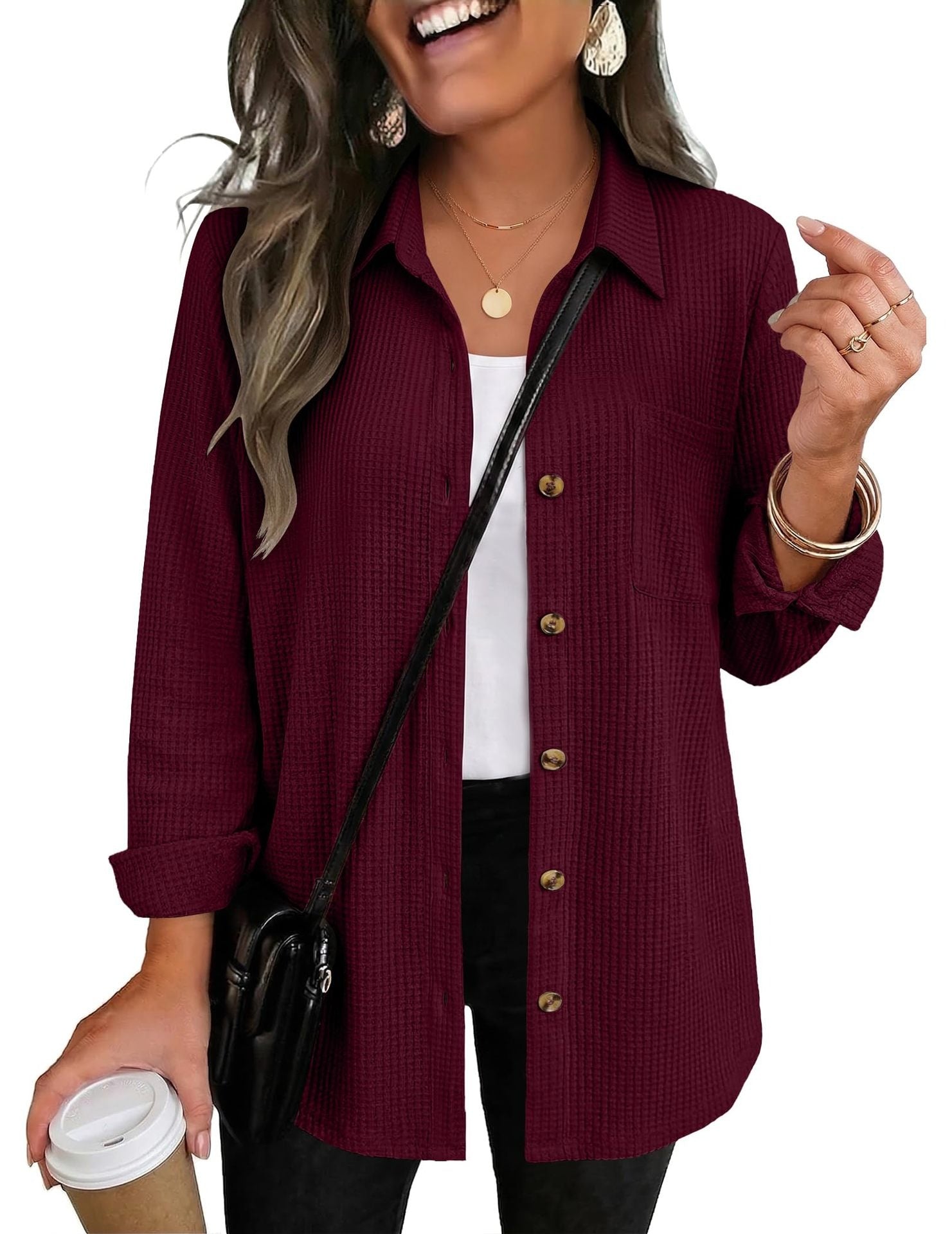 Waffle Knit Shacket Button Down Long Sleeve with Pocket