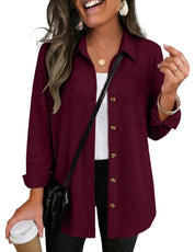 Waffle Knit Shacket Button Down Long Sleeve with Pocket