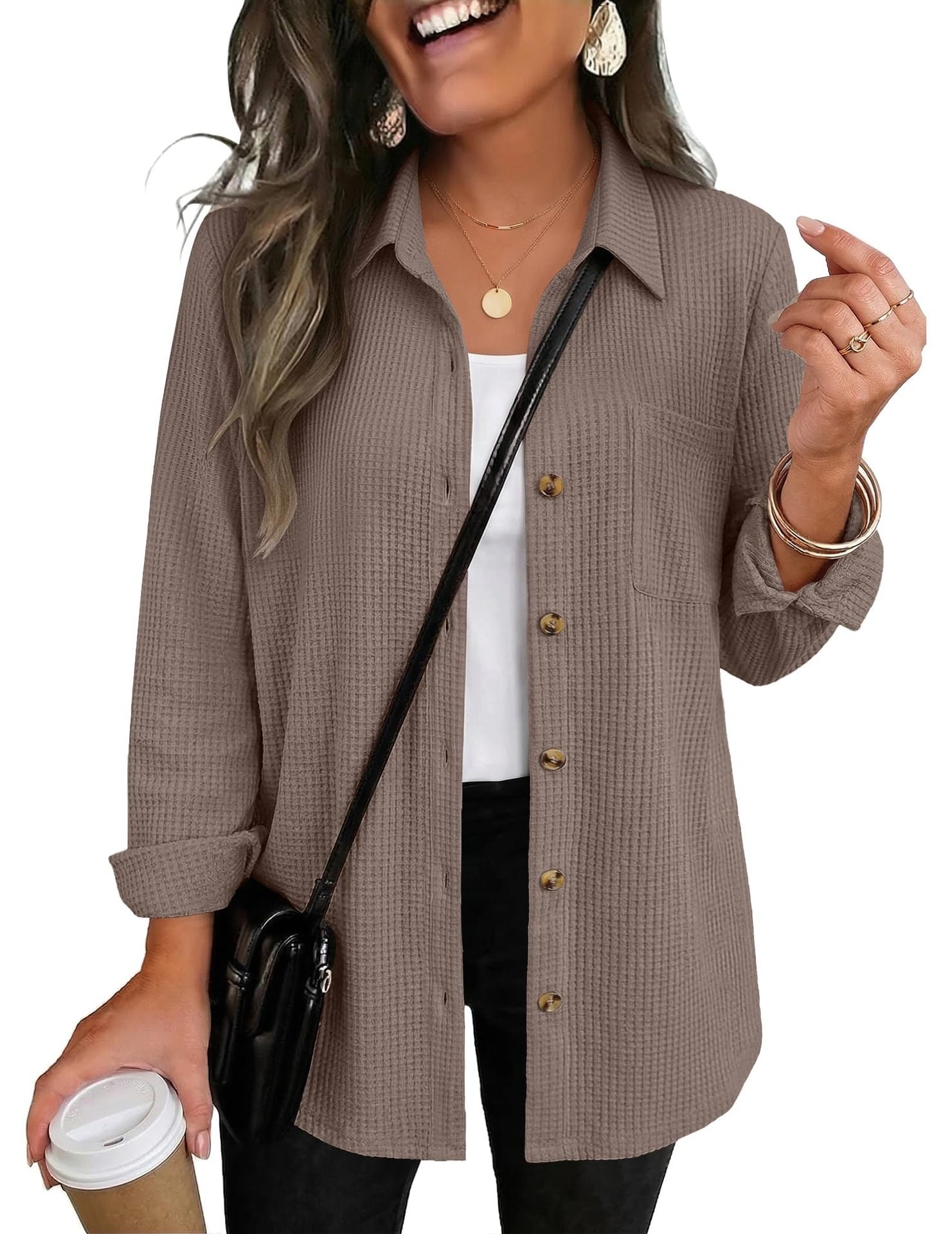 Waffle Knit Shacket Button Down Long Sleeve with Pocket