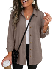 Waffle Knit Shacket Button Down Long Sleeve with Pocket