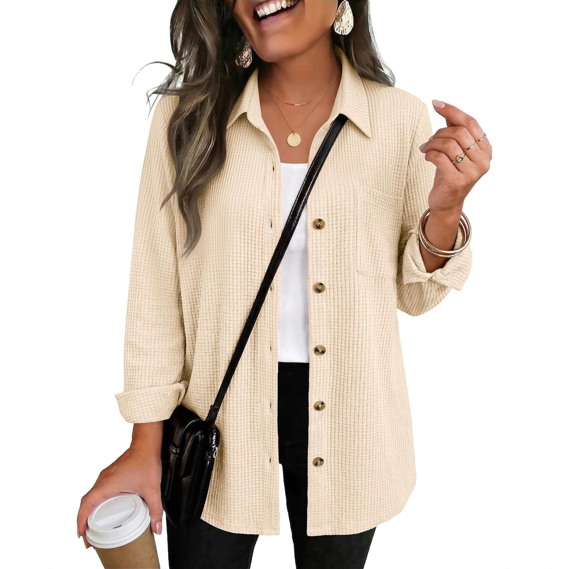 Waffle Knit Shacket Button Down Long Sleeve with Pocket