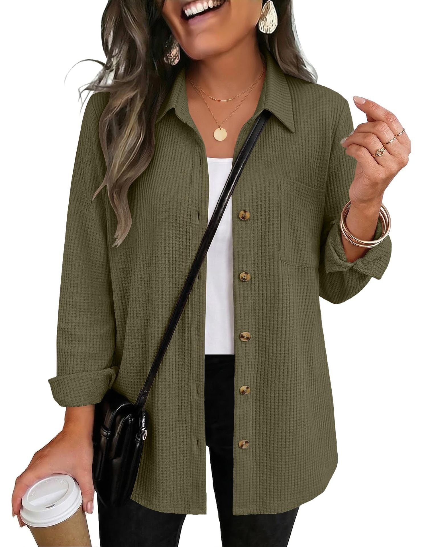 Waffle Knit Shacket Button Down Long Sleeve with Pocket