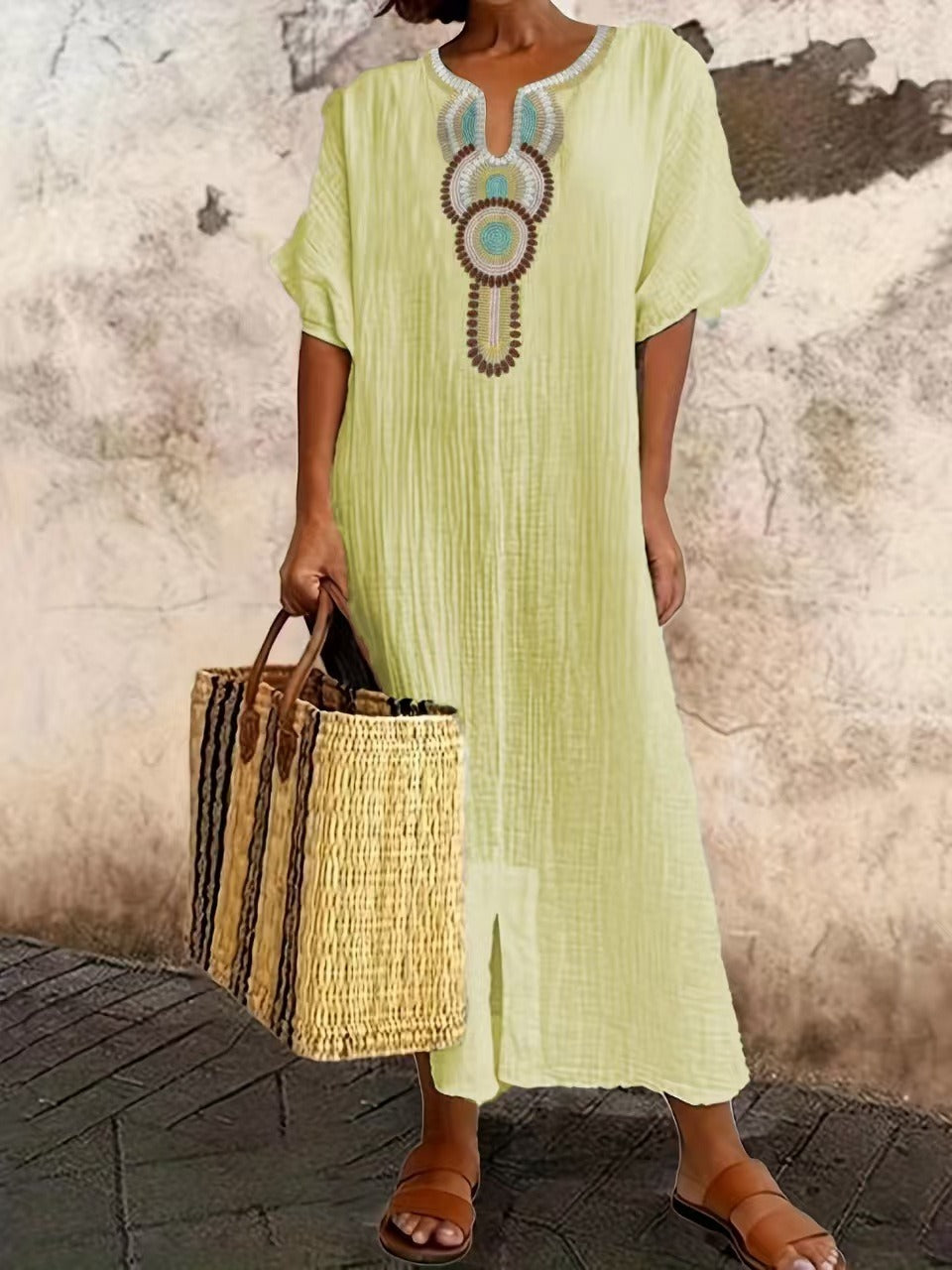 Boho Embroidered Cotton Linen Split Maxi Dress