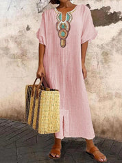 Boho Embroidered Cotton Linen Split Maxi Dress