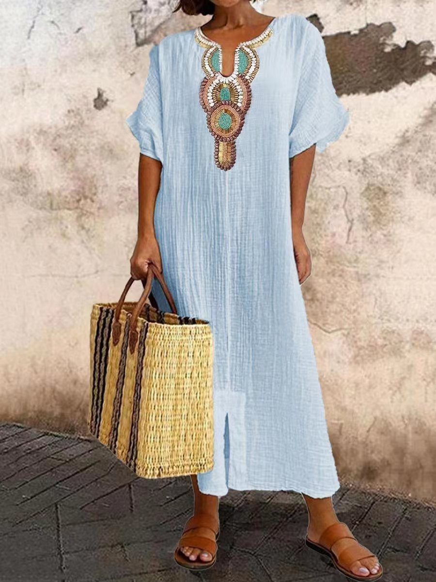 Boho Embroidered Cotton Linen Split Maxi Dress