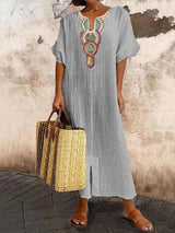 Boho Embroidered Cotton Linen Split Maxi Dress