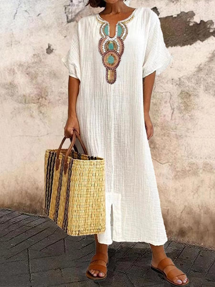 Boho Embroidered Cotton Linen Split Maxi Dress