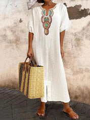 Boho Embroidered Cotton Linen Split Maxi Dress
