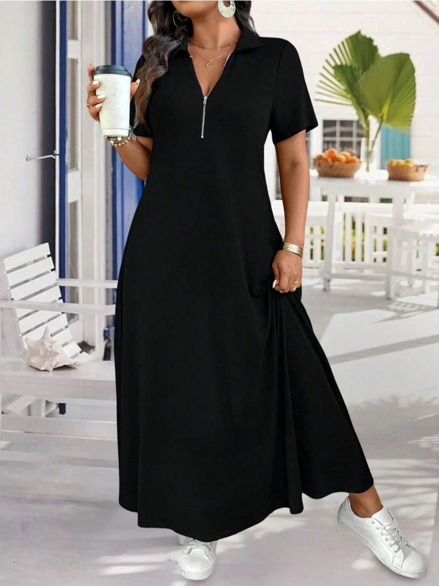 Women’s Zip Front Polo Neck A-Line Maxi Dress