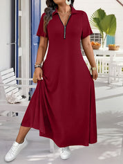 Women’s Zip Front Polo Neck A-Line Maxi Dress