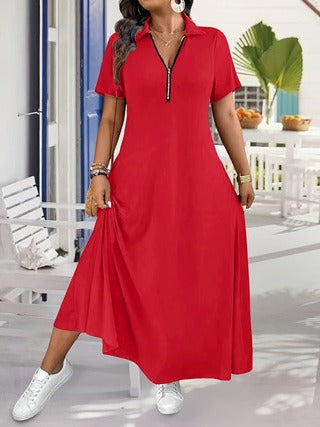 Women’s Zip Front Polo Neck A-Line Maxi Dress
