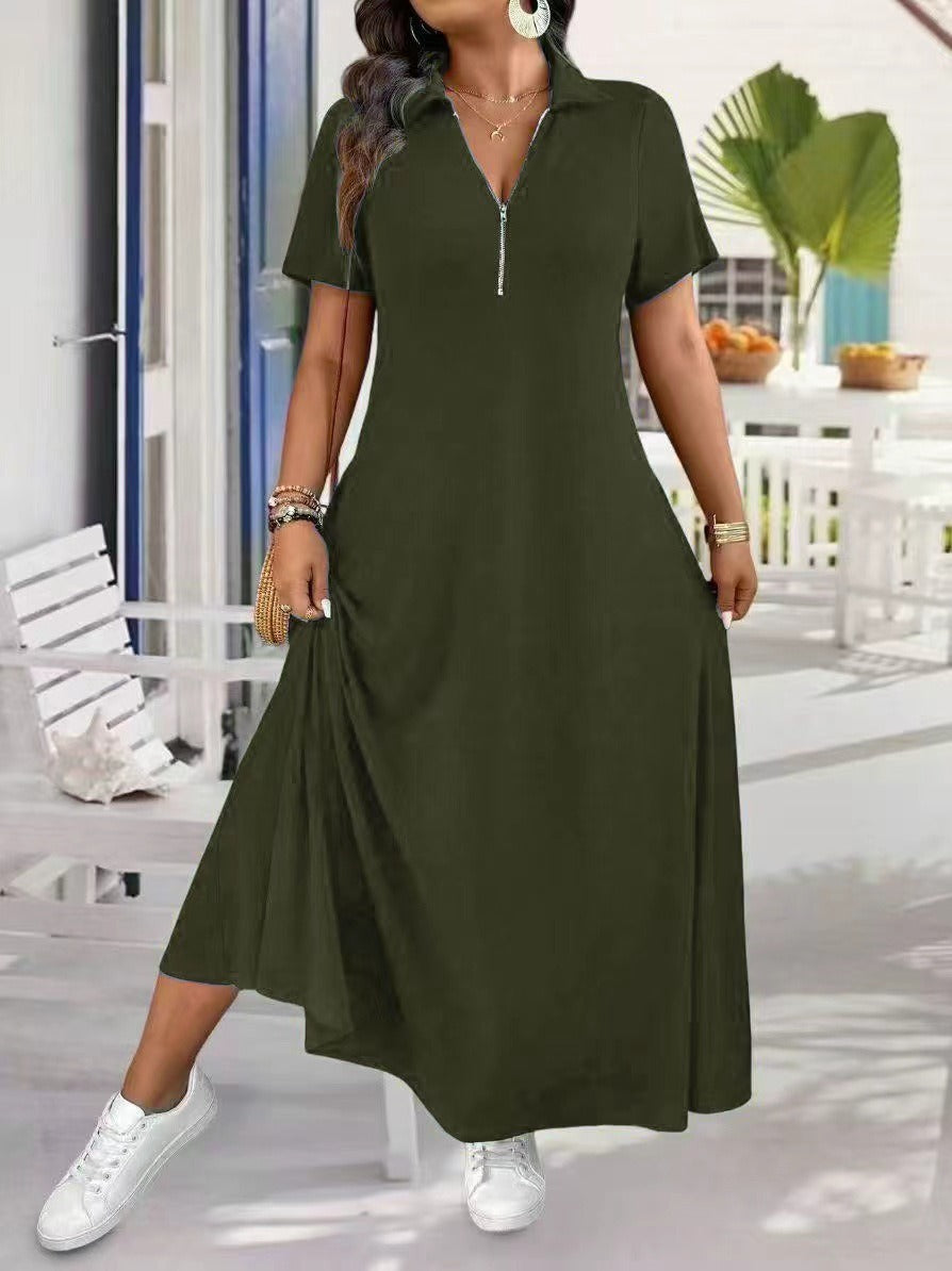 Women’s Zip Front Polo Neck A-Line Maxi Dress