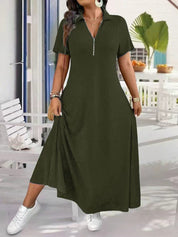 Women’s Zip Front Polo Neck A-Line Maxi Dress
