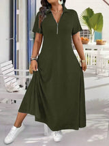 Women’s Zip Front Polo Neck A-Line Maxi Dress