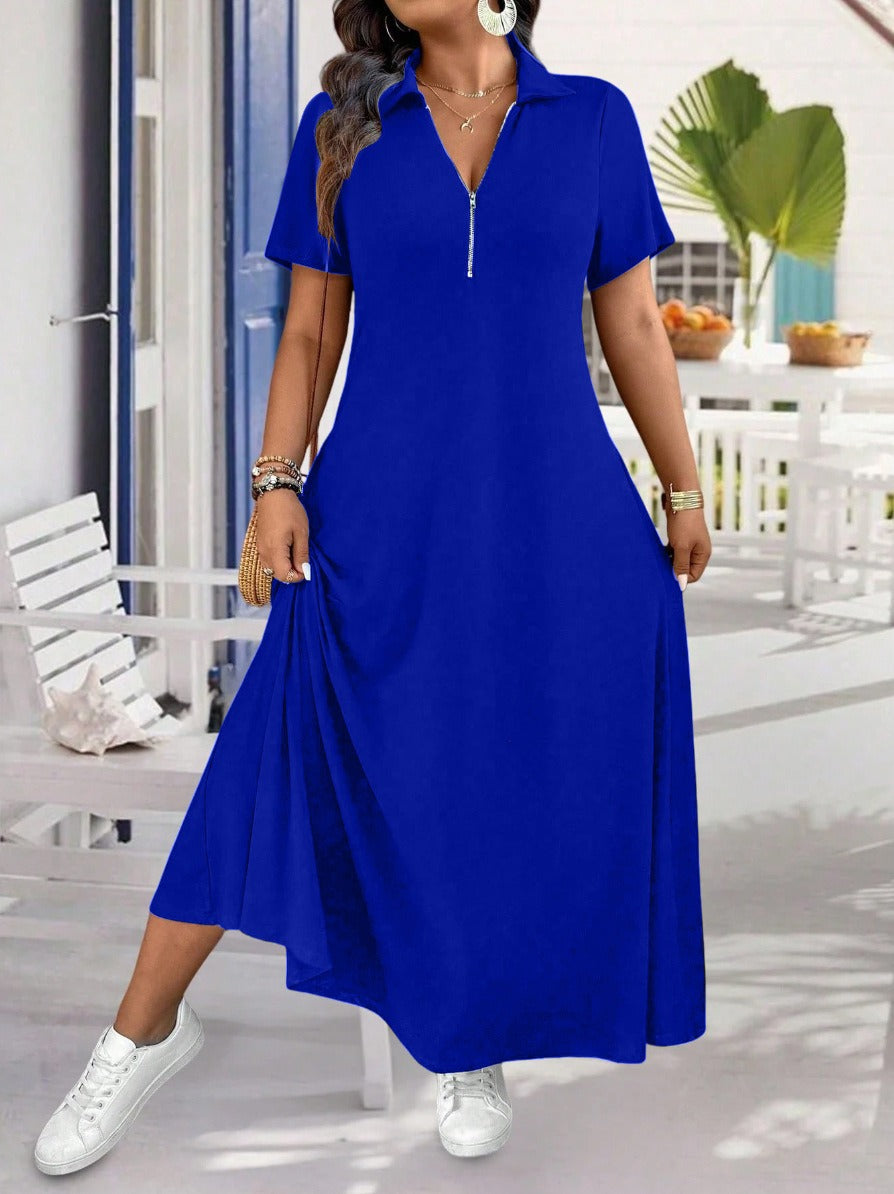 Women’s Zip Front Polo Neck A-Line Maxi Dress