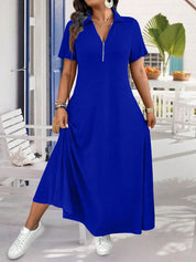 Women’s Zip Front Polo Neck A-Line Maxi Dress