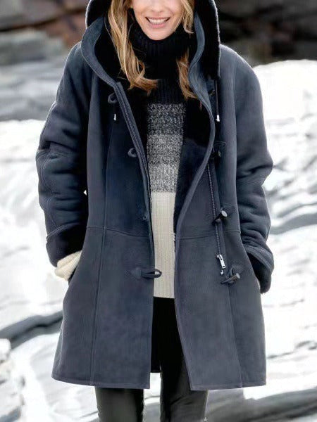 Women's Hooded Suede Coat with Plush Lining