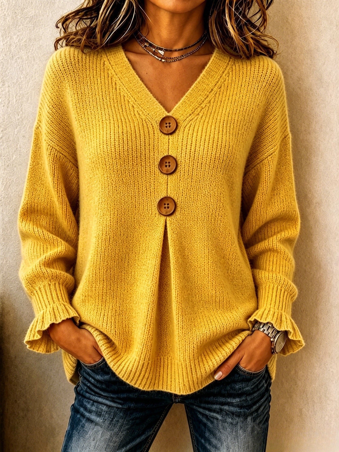 V-Neck Ribbed Knit Pullover Sweater