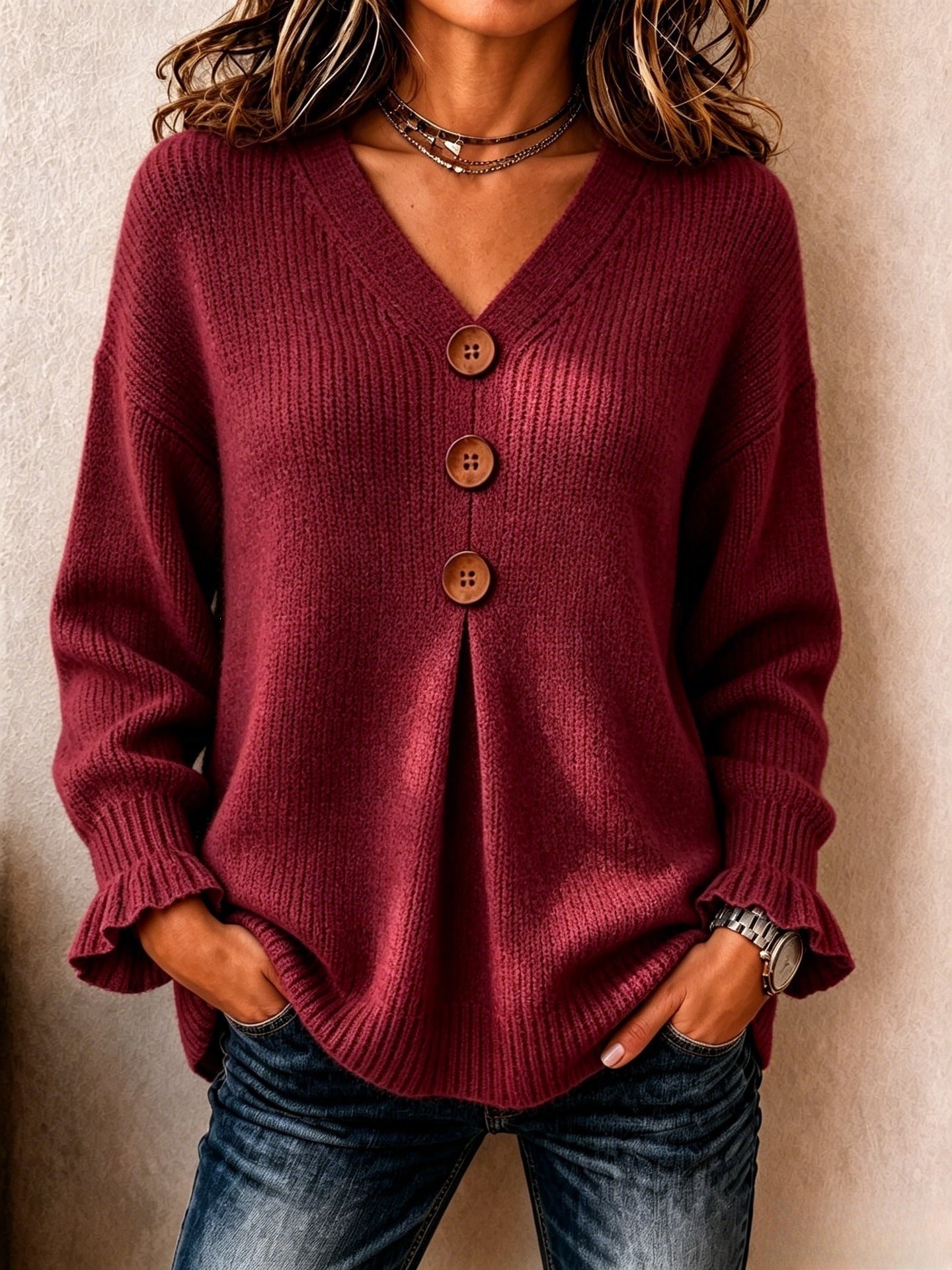 V-Neck Ribbed Knit Pullover Sweater