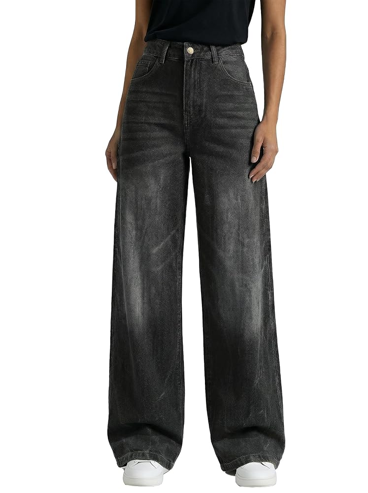 High Waisted Patchwork Pocket Wide Leg Denim Pants