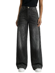 High Waisted Patchwork Pocket Wide Leg Denim Pants