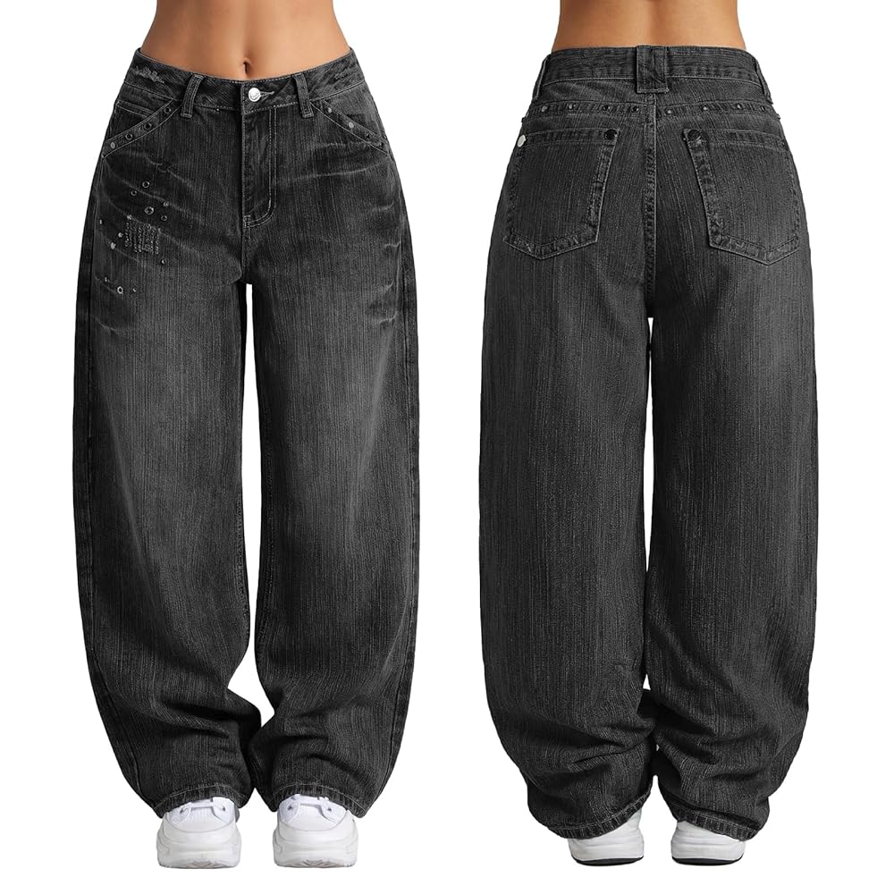 Women 90s Vintage Hip Hop Baggy Mid Waist Jeans