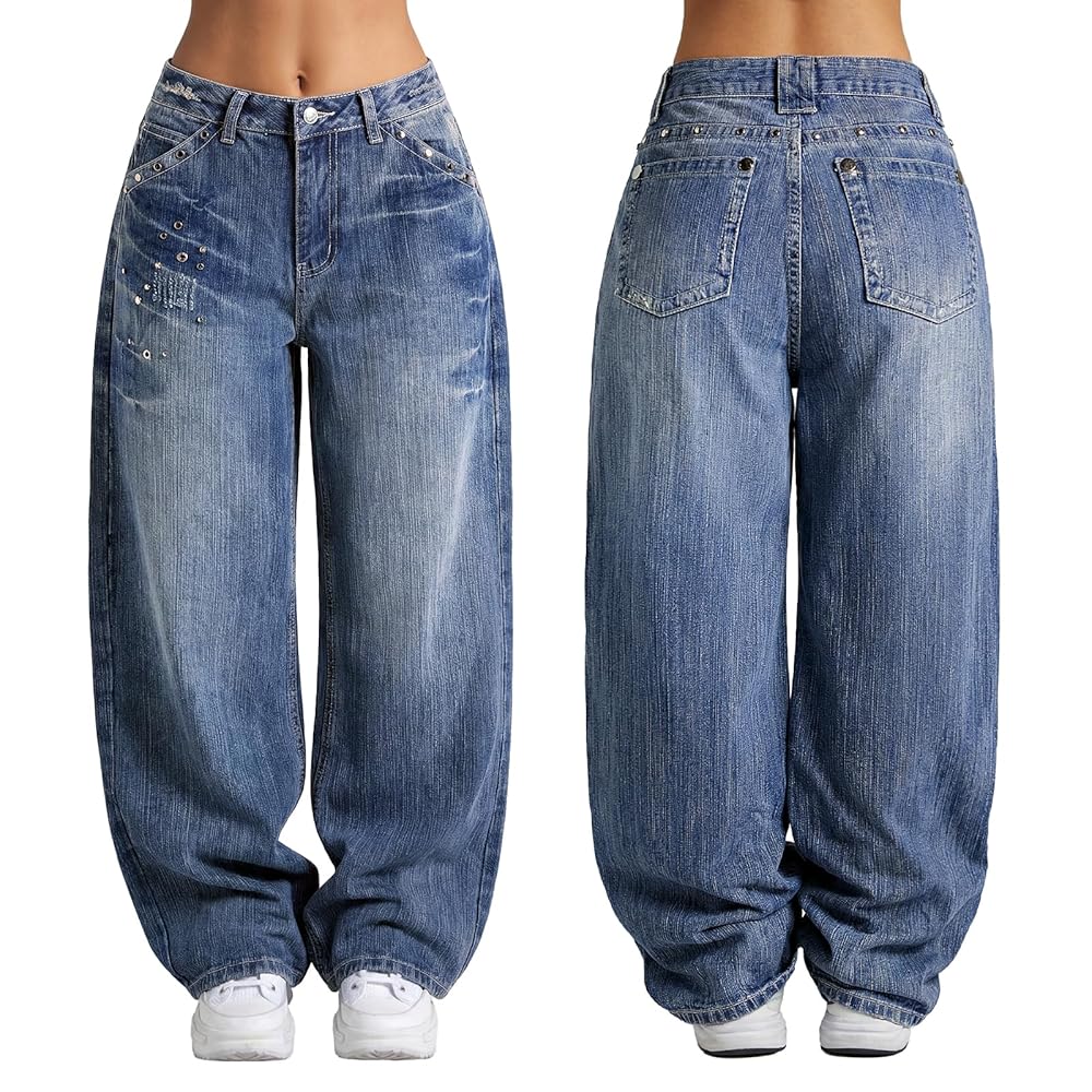 Women 90s Vintage Hip Hop Baggy Mid Waist Jeans