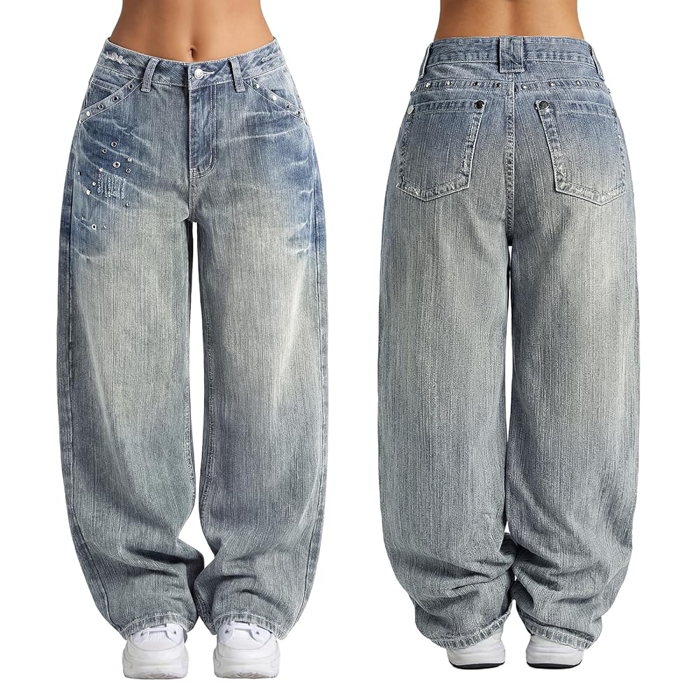 Women 90s Vintage Hip Hop Baggy Mid Waist Jeans