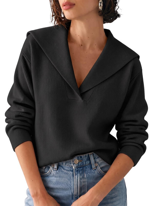 Womens Lapel Collar V Neck Pullover Sweaters
