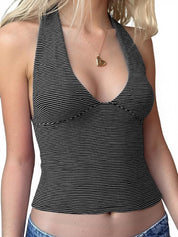 Women Summer Y2K Deep V Backless Tie Back Halter Crop Tops
