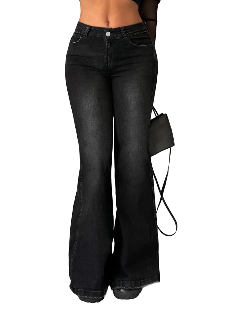 90s Trendy Mid High Waisted Stretch Bootcut Flare Denim Pants