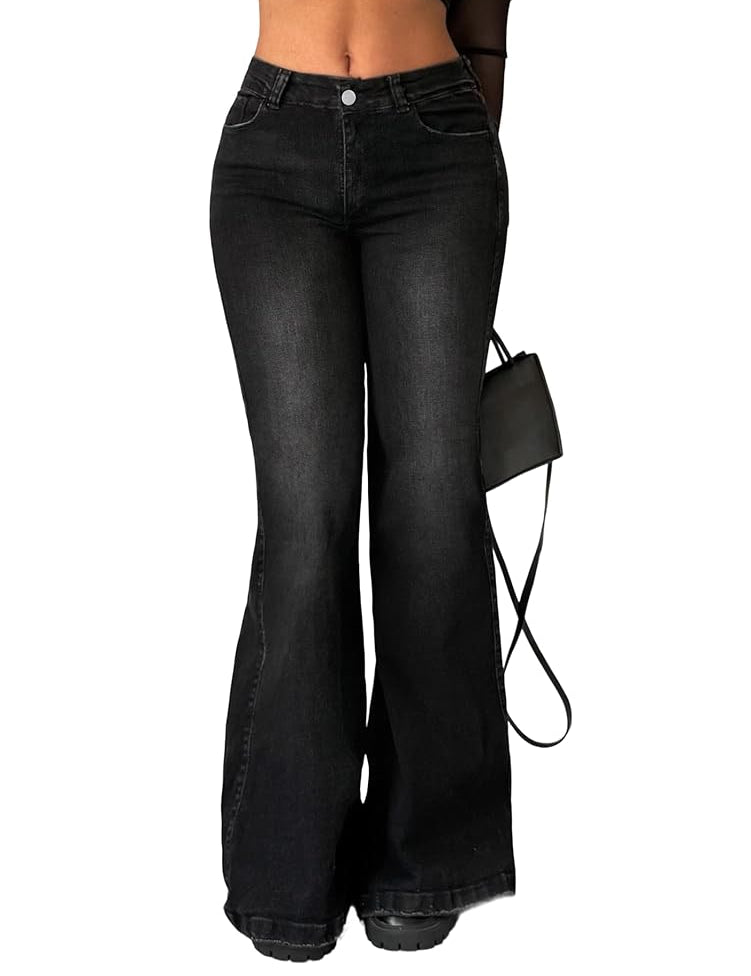 90s Trendy Mid High Waisted Stretch Bootcut Flare Denim Pants