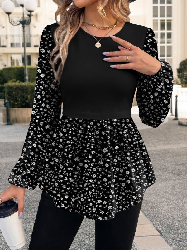 Leopard Print Colorblock Long Sleeve Peplum Top