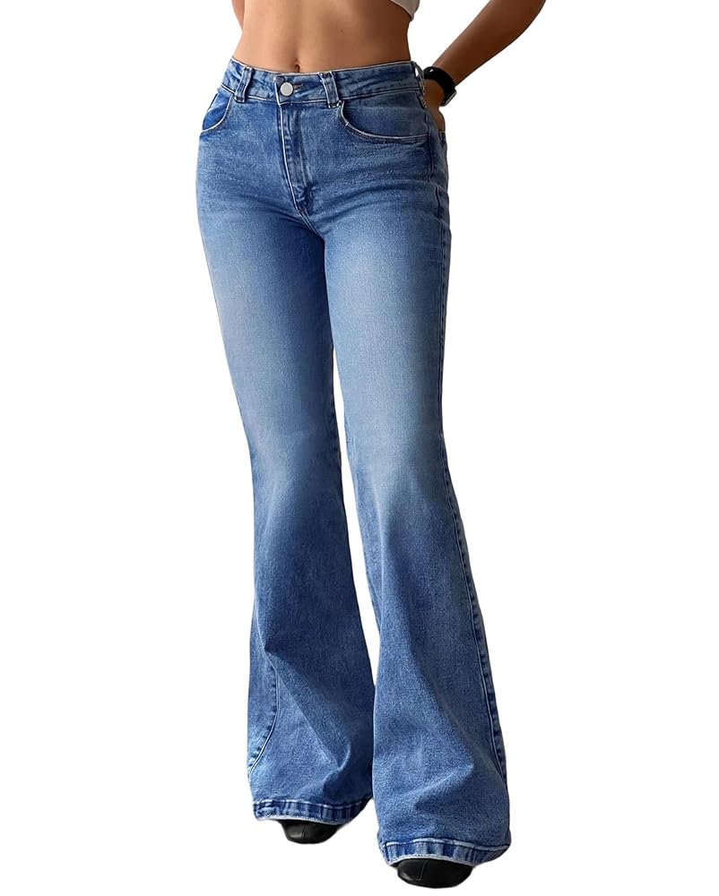 90s Trendy Mid High Waisted Stretch Bootcut Flare Denim Pants