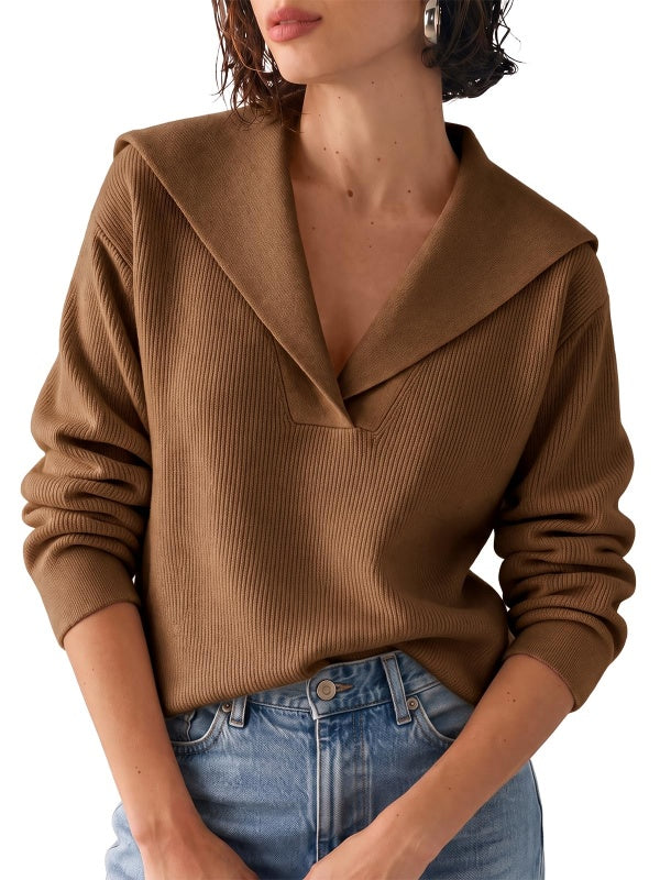 Womens Lapel Collar V Neck Pullover Sweaters