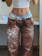 Washed Heart Pattern Cargo Jeans
