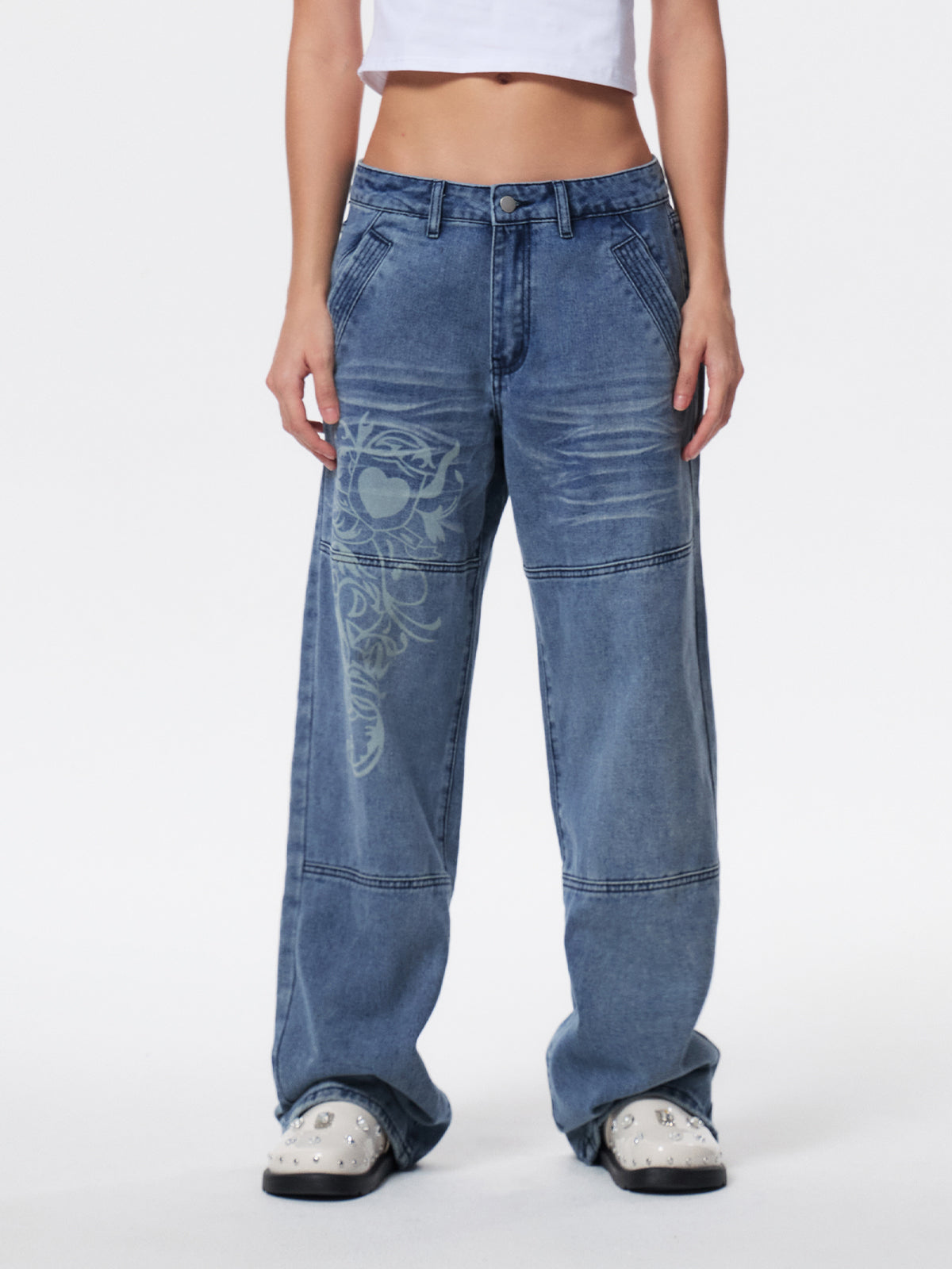 Washed Heart Pattern Cargo Jeans