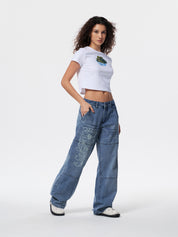 Washed Heart Pattern Cargo Jeans