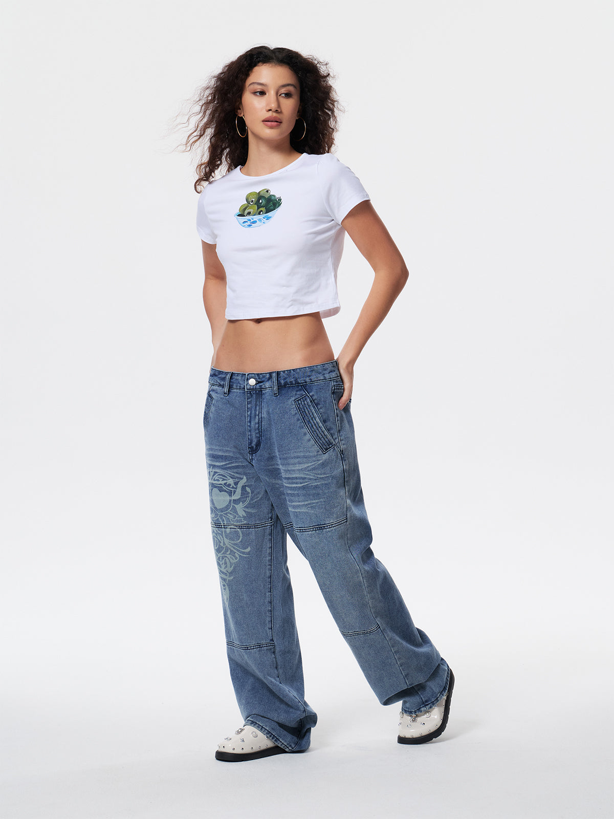Washed Heart Pattern Cargo Jeans