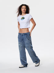 Washed Heart Pattern Cargo Jeans