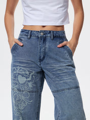 Washed Heart Pattern Cargo Jeans