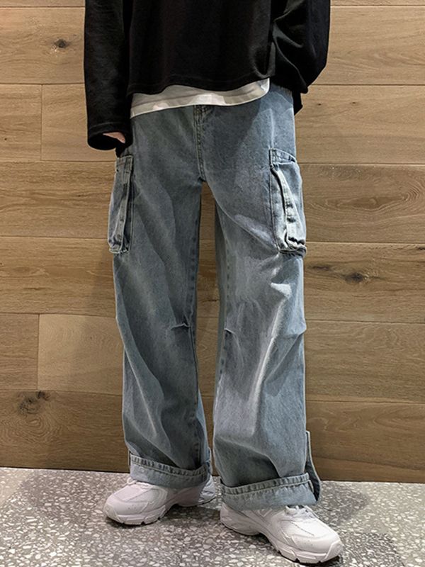 Men's Washed Pocket Patch Loose Jeans
