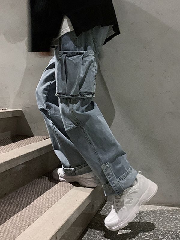 Men's Washed Pocket Patch Loose Jeans